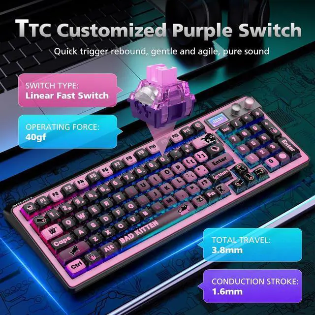 Alt view image 6 of 7 - 98% Mechanical Gaming Keyboard,96 Keys Full Key Rollover Wireless Keyboard Hot Swappable Gasket Structure,Bluetooth,2.4GHz,USB-A to C 3-Mode,with Screen,RGB,PBT Keycaps,for PC Laptop (Black)
