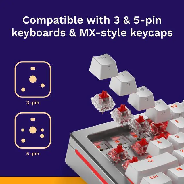 Alt view image 5 of 7 - Glorious Fox Linear Mechanical Switches for Mechanical Keyboards: 110 PCS, 3-pin, Transparent for MAX RGB, Pre-Lubed, 45g Force for Gaming and Typing, Compatible with MX Keycaps
