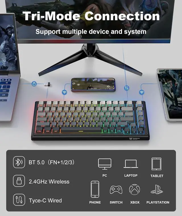 Alt view image 4 of 7 - Wireless Gaming Keyboards Gasket Mechanical Keyboard,8000mAh -Tri-Mode BT5.0/2.4GHz/USB-C 75% Hot Swappable Custom KeyboardRGB BacklitPre-lubed Reaper SwitchesSide Printed PBT Keycaps(Black Gray)