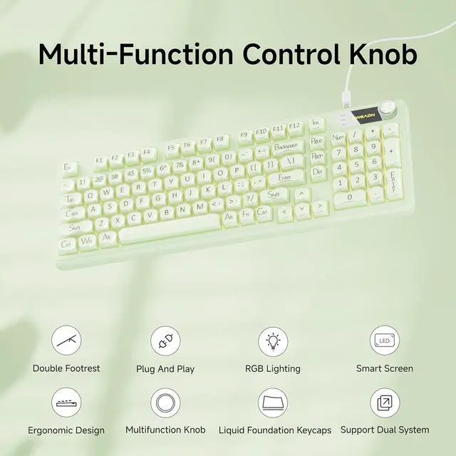 Alt view image 2 of 7 - V102 Wired Keyboard, 98 Keys Creamy Gaming Keyboard with Number Pad, Display Screen & Media Knob RGB Silent Wired Cute Computer Keyboard for Laptop PC Gamer - Green