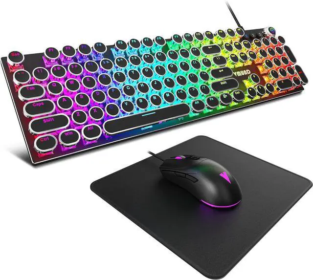 Main image of Typewriter Mechanical Gaming Keyboard and Mouse Combo, Rainbow RGB Backlit Wired Keyboards with Blue Switches Round Keycaps Media Control Knob for PC Computer