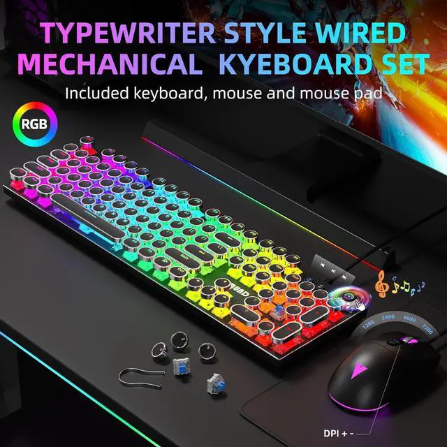Alt view image 2 of 7 - Typewriter Mechanical Gaming Keyboard and Mouse Combo, Rainbow RGB Backlit Wired Keyboards with Blue Switches Round Keycaps Media Control Knob for PC Computer