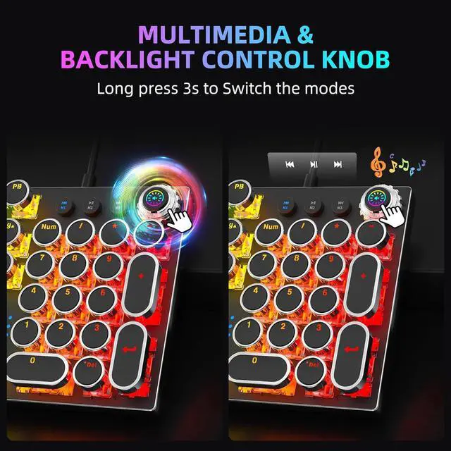 Alt view image 4 of 7 - Typewriter Mechanical Gaming Keyboard and Mouse Combo, Rainbow RGB Backlit Wired Keyboards with Blue Switches Round Keycaps Media Control Knob for PC Computer