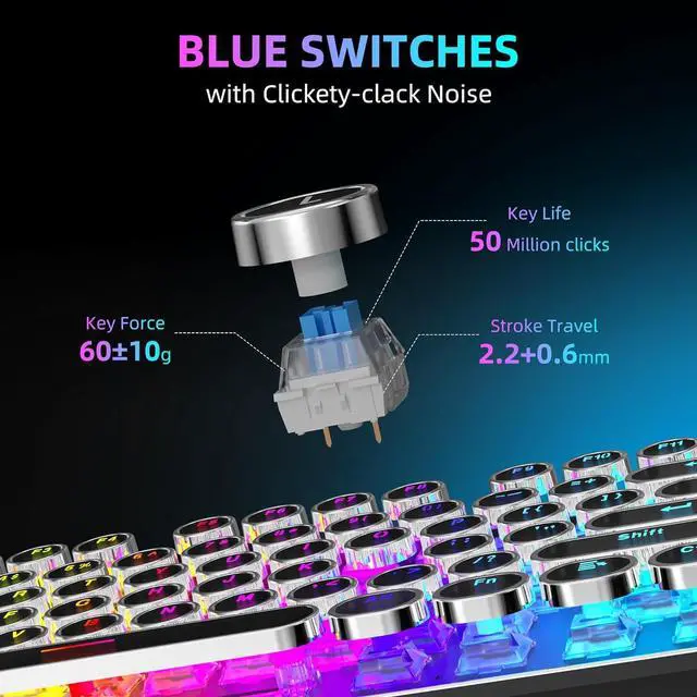 Alt view image 6 of 7 - Typewriter Mechanical Gaming Keyboard and Mouse Combo, Rainbow RGB Backlit Wired Keyboards with Blue Switches Round Keycaps Media Control Knob for PC Computer