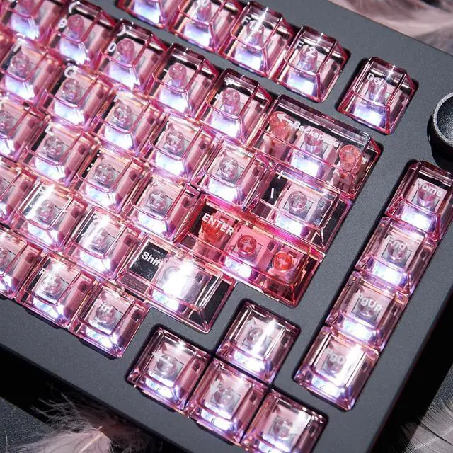 Alt view image 3 of 7 - Pink Crystal Clear Keycaps Set, 156 Keys Cherry Profile Transparent Keycaps, Shine Through Keyboard caps for 60% 65% 75% 100% Backlit Mx Switches Mechanical Gaming Keyboard