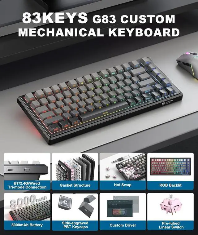 Alt view image 5 of 7 - Wireless Gaming Keyboards Gasket Mechanical Keyboard,8000mAh -Tri-Mode BT5.0/2.4GHz/USB-C 75% Hot Swappable Custom KeyboardRGB BacklitPre-lubed Reaper SwitchesSide Printed PBT Keycaps(Black Gray)