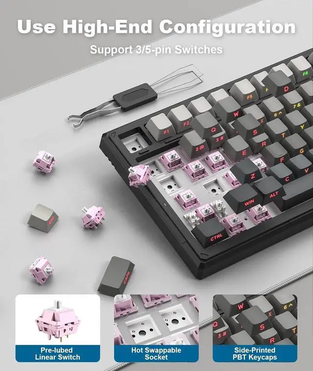 Alt view image 6 of 7 - Wireless Gaming Keyboards Gasket Mechanical Keyboard,8000mAh -Tri-Mode BT5.0/2.4GHz/USB-C 75% Hot Swappable Custom KeyboardRGB BacklitPre-lubed Reaper SwitchesSide Printed PBT Keycaps(Black Gray)
