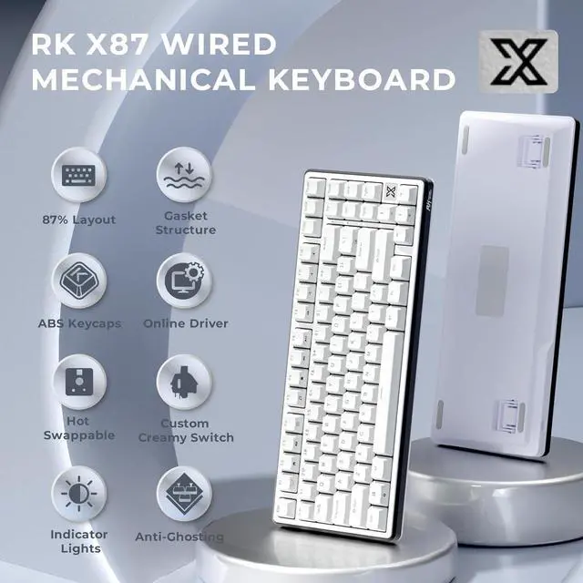Alt view image 2 of 7 - RK ROYAL KLUDGE X87 Mechanical Keyboard 75% Wired Keyboard Gaming with 86 Keys, Gasket Mount, Ice-Blue Backlight, Black Shell Design, Software Support, Hot-Swappable Creamy Switch White