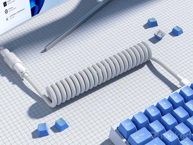 Alt view image 3 of 7 - Ranked Coiled Keyboard Cable | Handcrafted Double-Sleeved Braided Cable | USB Type C to A | 5-Pin Aviator Connector for Custom Mechanical Gaming Keyboard | Support Fast Charge 20W (White)