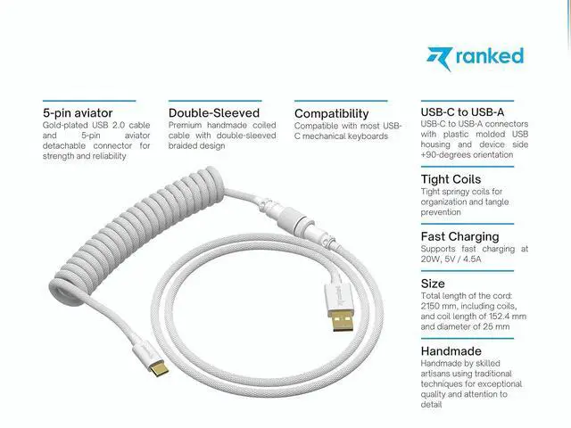 Alt view image 2 of 7 - Ranked Coiled Keyboard Cable | Handcrafted Double-Sleeved Braided Cable | USB Type C to A | 5-Pin Aviator Connector for Custom Mechanical Gaming Keyboard | Support Fast Charge 20W (White)