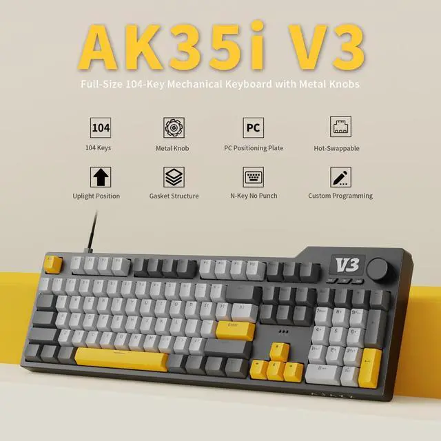 Alt view image 2 of 5 - AJAZZ AK35I V3 104-Key Full Size Wired Gasket Mount Gaming Keyboard with Multimedia Buttons & Knob Control | Five Layer Pad | OEM Profile PBT Keycaps | Blue Backlit Custom Keyboard
