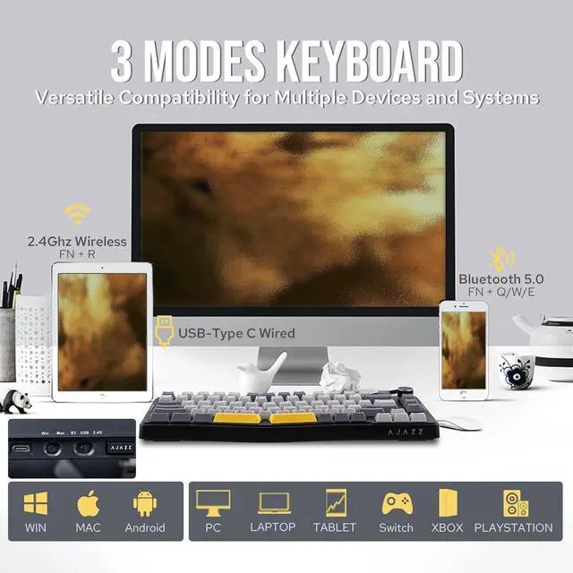 Alt view image 3 of 7 - MechLands AJAZZ AKS075 Wireless Gaming Keyboard, Hot-Swappable Gasket Mechanical 75% Alice Keyboard with 0.85 TFT Screen, BT5.1/2.4GHz/USB-C, 5000mAh Battery (Black, Gift Switch)