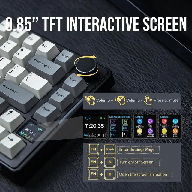 Alt view image 4 of 7 - MechLands AJAZZ AKS075 Wireless Gaming Keyboard, Hot-Swappable Gasket Mechanical 75% Alice Keyboard with 0.85 TFT Screen, BT5.1/2.4GHz/USB-C, 5000mAh Battery (Black, Gift Switch)