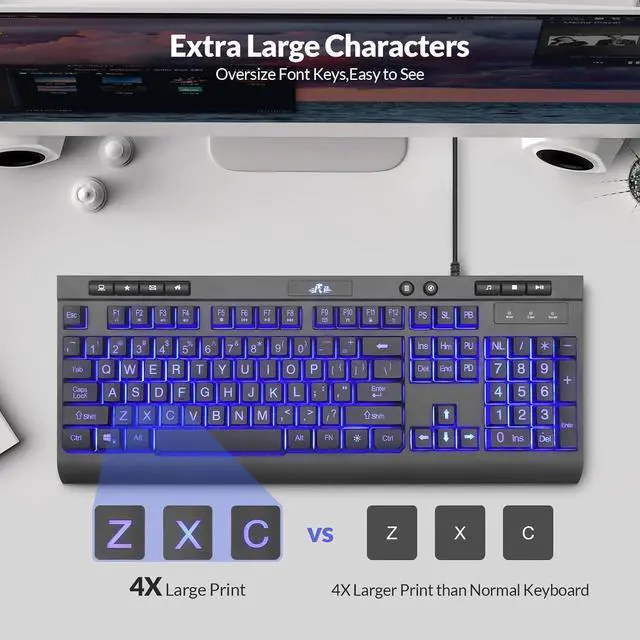 Alt view image 2 of 7 - Rii RK900Pro Large Print Backlit Keyboard, Wired USB Full Size Computer Keyboard with Blue Backlight,Compatible with Windows, Mac,Chrome,Linux