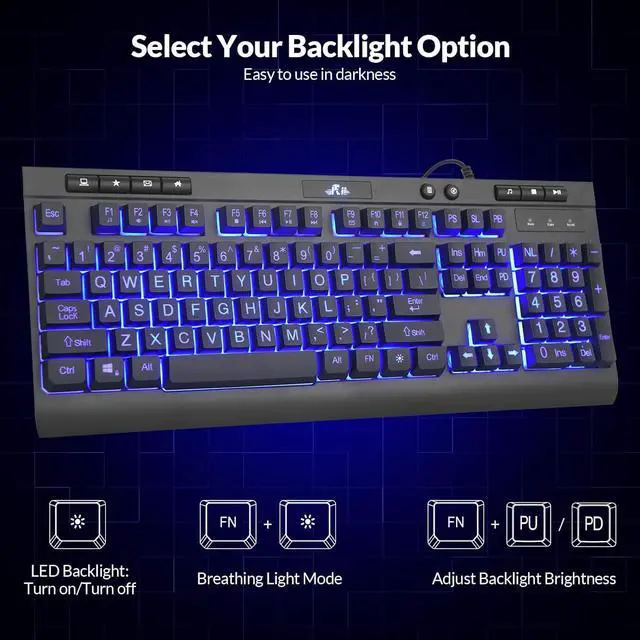 Alt view image 3 of 7 - Rii RK900Pro Large Print Backlit Keyboard, Wired USB Full Size Computer Keyboard with Blue Backlight,Compatible with Windows, Mac,Chrome,Linux