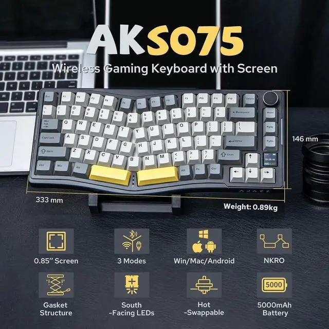 Alt view image 2 of 7 - MechLands AJAZZ AKS075 Wireless Gaming Keyboard, Hot-Swappable Gasket Mechanical 75% Alice Keyboard with 0.85 TFT Screen, BT5.1/2.4GHz/USB-C, 5000mAh Battery (Black, Gift Switch)