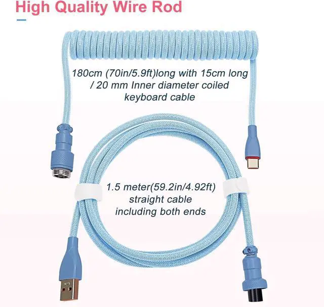 Alt view image 4 of 6 - UCINNOVATE Coiled Keyboard Cable, Pro Custom Coiled USB C Cable for Gaming Keyboard, Double-Sleeved Mechanical Keyboard Cable with Detachable Metal Aviator, 1.8M USB-C to USB-A (Blue)