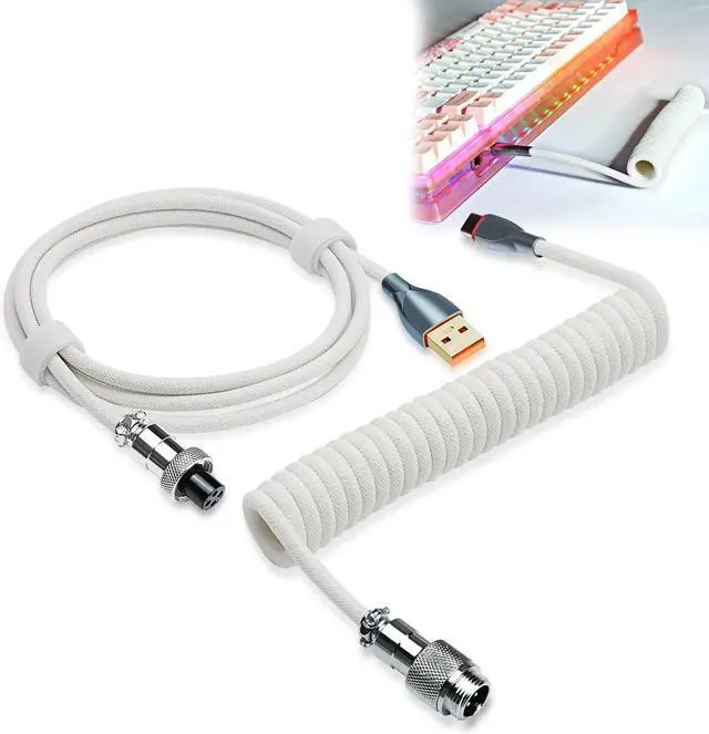 Main image of UCINNOVATE Pro Custom Coiled 1.8M USB C Cable for Gaming Keyboard, Double-Sleeved Mechanical Keyboard Cable with Detachable Metal Aviator, White