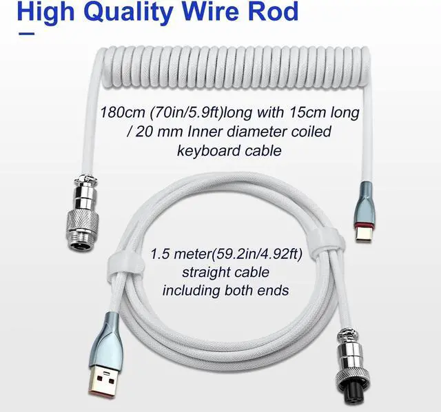 Alt view image 5 of 7 - UCINNOVATE Pro Custom Coiled 1.8M USB C Cable for Gaming Keyboard, Double-Sleeved Mechanical Keyboard Cable with Detachable Metal Aviator, White