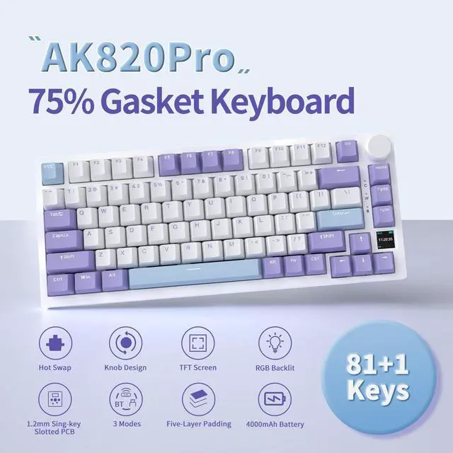 Alt view image 2 of 7 - AJAZZ AJ AK820PRO 75% Gasket Mechanical Keyboard with TFT Screen - Five Layer Padding - 4000mAh Battery - South Facing LED - Bluetooth/2.4GHZ/Wired Hot Swap RGB Keyboard, Gift Switch