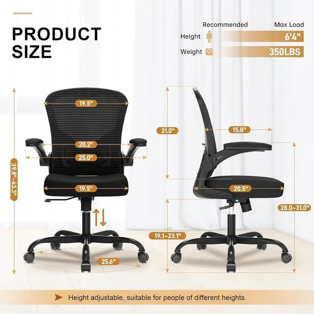 Alt view image 3 of 7 - Office Chair, Ergonomic Desk Chairs 330LBS Capacity High Back Mesh Computer Chair with Flip-up Armrests, Comfy Work Chair with Adjustable Lumbar Support, Rolling Chair