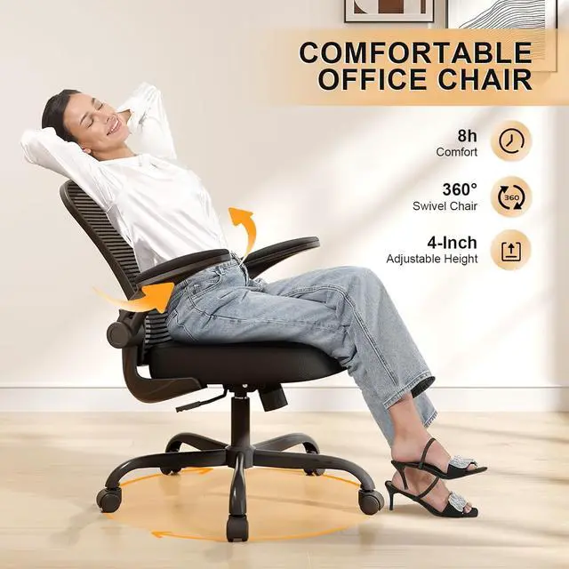 Alt view image 4 of 7 - Office Chair, Ergonomic Desk Chairs 330LBS Capacity High Back Mesh Computer Chair with Flip-up Armrests, Comfy Work Chair with Adjustable Lumbar Support, Rolling Chair