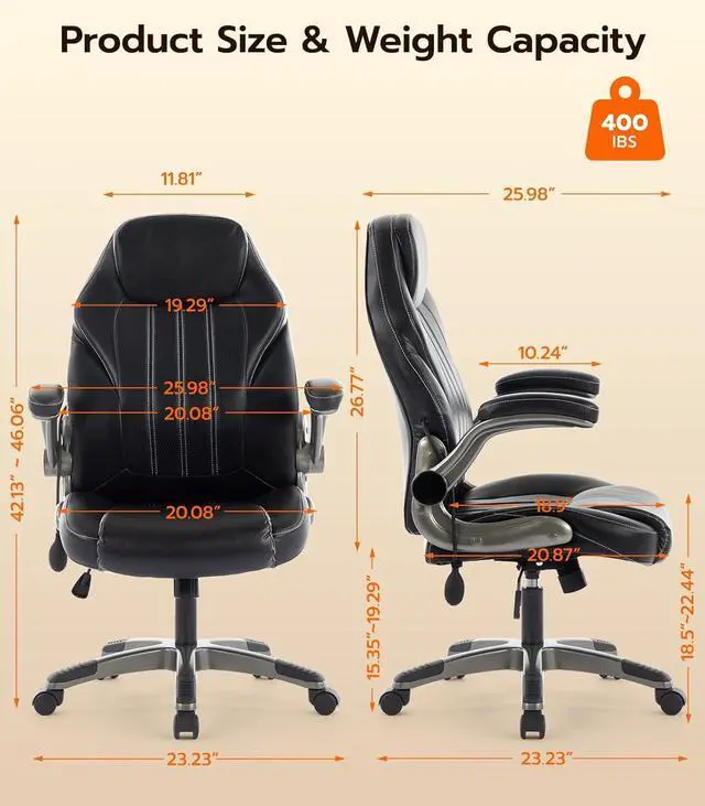 Alt view image 2 of 7 - Office Desk Chair, Ergonomic Computer Chair with Padded Flip-Up Arms and Adjustable Lumbar Support, PU Leather Executive Chair with Tilt Lock and 360° Swivel Rolling Wheels for Work, Study
