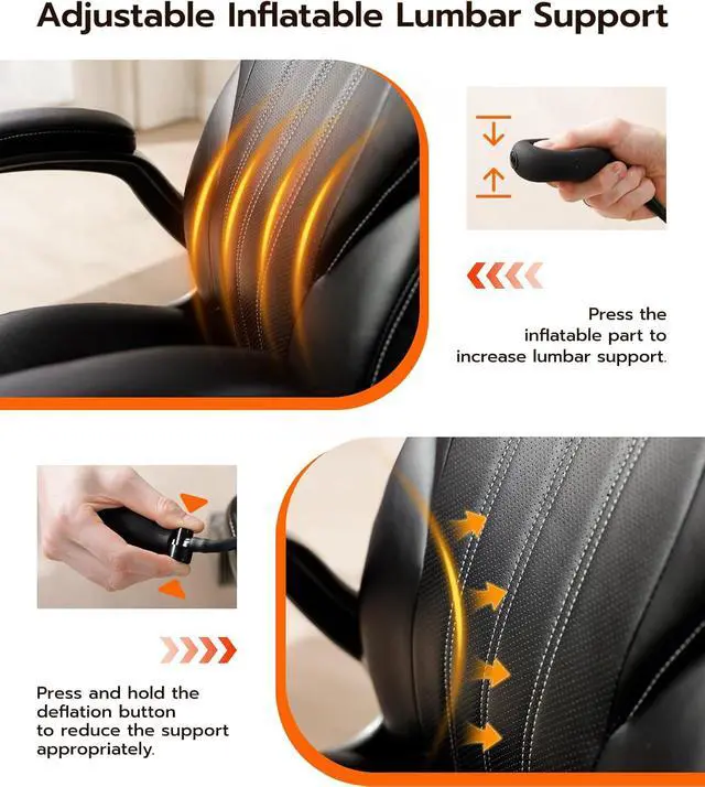 Alt view image 3 of 7 - Office Desk Chair, Ergonomic Computer Chair with Padded Flip-Up Arms and Adjustable Lumbar Support, PU Leather Executive Chair with Tilt Lock and 360° Swivel Rolling Wheels for Work, Study