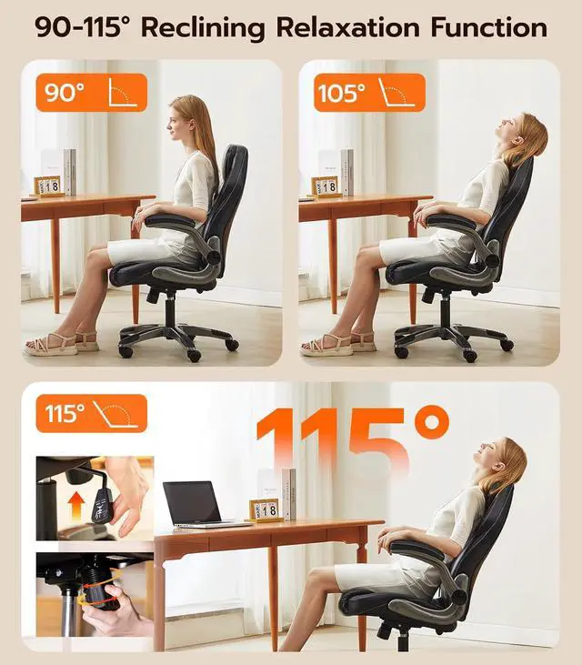 Alt view image 4 of 7 - Office Desk Chair, Ergonomic Computer Chair with Padded Flip-Up Arms and Adjustable Lumbar Support, PU Leather Executive Chair with Tilt Lock and 360° Swivel Rolling Wheels for Work, Study