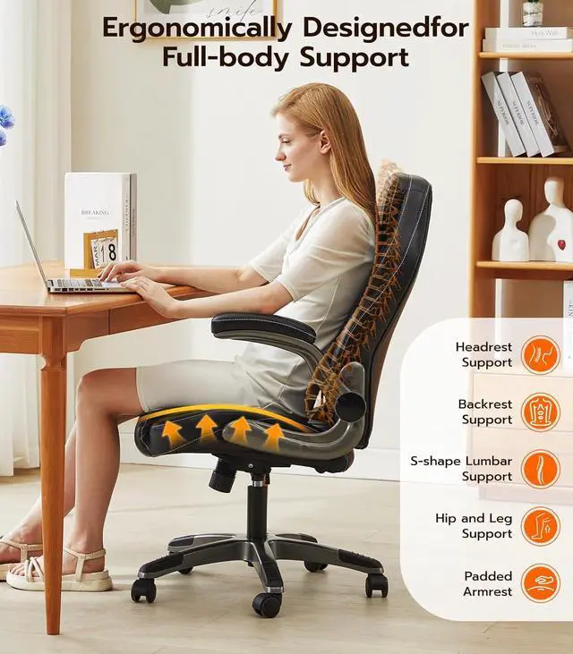 Alt view image 5 of 7 - Office Desk Chair, Ergonomic Computer Chair with Padded Flip-Up Arms and Adjustable Lumbar Support, PU Leather Executive Chair with Tilt Lock and 360° Swivel Rolling Wheels for Work, Study