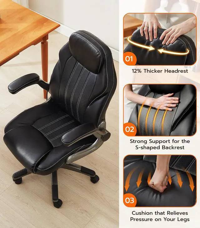 Alt view image 7 of 7 - Office Desk Chair, Ergonomic Computer Chair with Padded Flip-Up Arms and Adjustable Lumbar Support, PU Leather Executive Chair with Tilt Lock and 360° Swivel Rolling Wheels for Work, Study