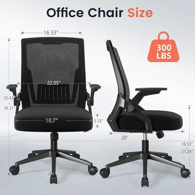 Alt view image 2 of 7 - GTRACING Ergonomic Office Chair with Flip-up Armrests Executive Computer Chair for Home Office, Breathable Mesh & Comfy Lumbar Support, Black