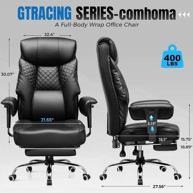 Alt view image 2 of 7 - GTRACING Big and Tall Office Chair 400LBS Wide Ergonomic Gaming Chair with Deluxe Embossing Designed Leather with Foot Rest,150°Reclining Adjustable Soft Armrests Pocket Spring Back Support and Pillow