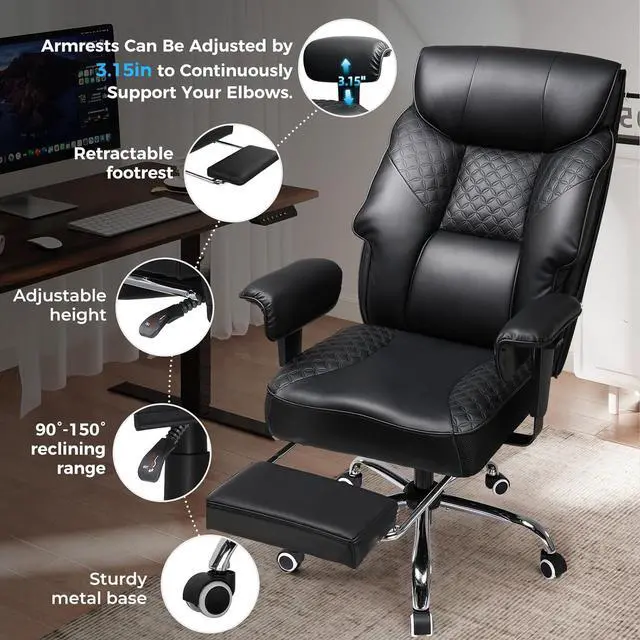 Alt view image 5 of 7 - GTRACING Big and Tall Office Chair 400LBS Wide Ergonomic Gaming Chair with Deluxe Embossing Designed Leather with Foot Rest,150°Reclining Adjustable Soft Armrests Pocket Spring Back Support and Pillow