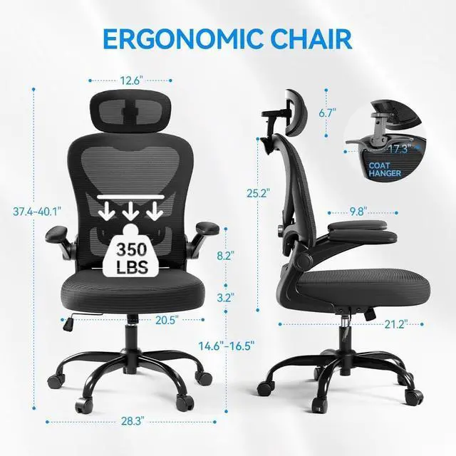 Alt view image 2 of 6 - Ergonomic Office Chair with Headrest 3D, Mesh Office Desk Chair with Adjustable Lumbar Support, Computer Chair with Flip up Armrests, 350LBS Capacity - Design for Home/Offices - Black