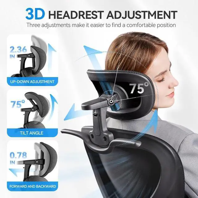 Alt view image 3 of 6 - Ergonomic Office Chair with Headrest 3D, Mesh Office Desk Chair with Adjustable Lumbar Support, Computer Chair with Flip up Armrests, 350LBS Capacity - Design for Home/Offices - Black