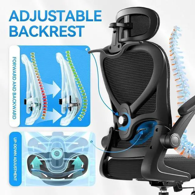 Alt view image 4 of 6 - Ergonomic Office Chair with Headrest 3D, Mesh Office Desk Chair with Adjustable Lumbar Support, Computer Chair with Flip up Armrests, 350LBS Capacity - Design for Home/Offices - Black