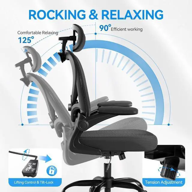 Alt view image 5 of 6 - Ergonomic Office Chair with Headrest 3D, Mesh Office Desk Chair with Adjustable Lumbar Support, Computer Chair with Flip up Armrests, 350LBS Capacity - Design for Home/Offices - Black