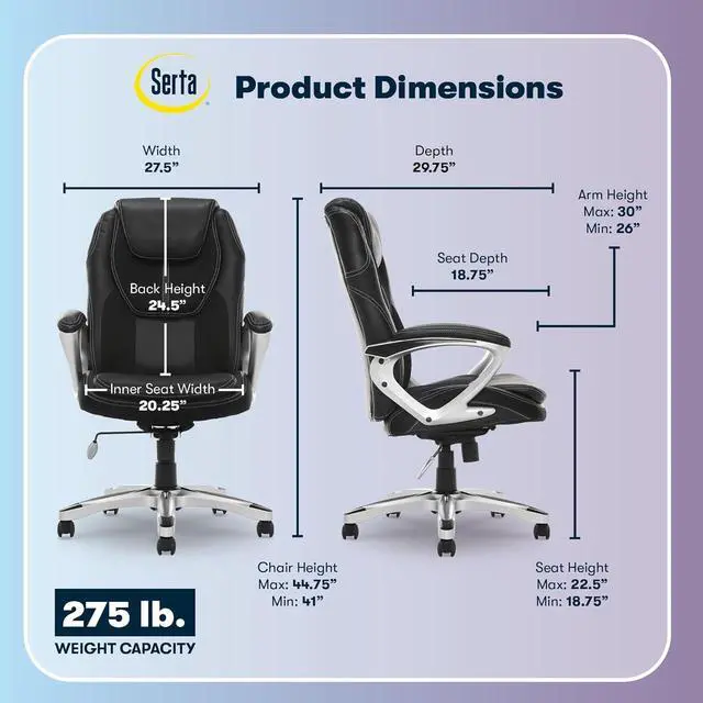 Alt view image 3 of 7 - Serta Amplify Executive Office Padded Arms, Adjustable Ergonomic Gaming Desk Chair with Lumbar Support, Faux Leather and Mesh, Black