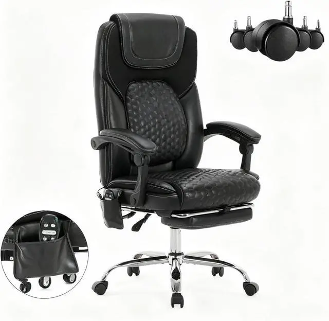 Main image of Massage Office Chair with Heat and Footrest Reclining Desk Chair, Big and Tall Leather Computer Chair with Wheels, PU Executive Office Chair for Home, Gaming, Study, 300 lbs,Black