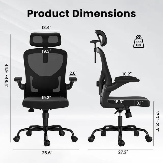 Alt view image 2 of 7 - Soohow Ergonomic Office Chair, Office Mesh Desk Chair with Adjustable Lumbar Support Armrests, Comfy Computer Desk Chair with Headrest, for Home and Office, Black & Black