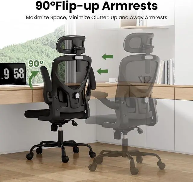 Alt view image 5 of 7 - Soohow Ergonomic Office Chair, Office Mesh Desk Chair with Adjustable Lumbar Support Armrests, Comfy Computer Desk Chair with Headrest, for Home and Office, Black & Black