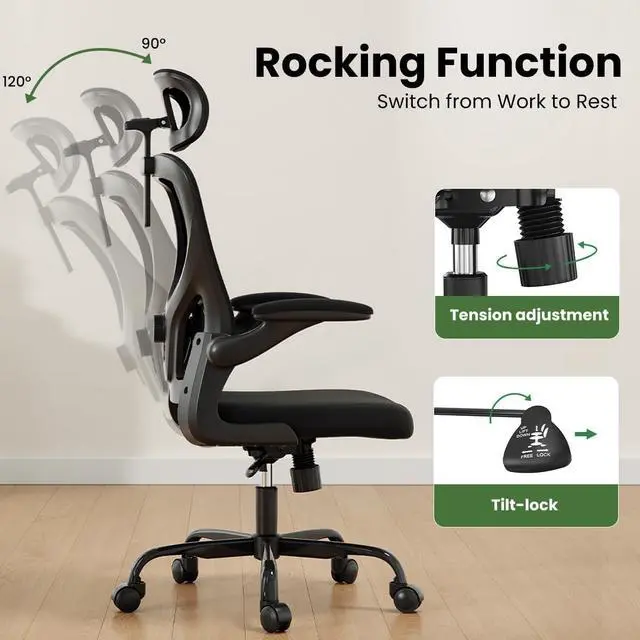 Alt view image 6 of 7 - Soohow Ergonomic Office Chair, Office Mesh Desk Chair with Adjustable Lumbar Support Armrests, Comfy Computer Desk Chair with Headrest, for Home and Office, Black & Black
