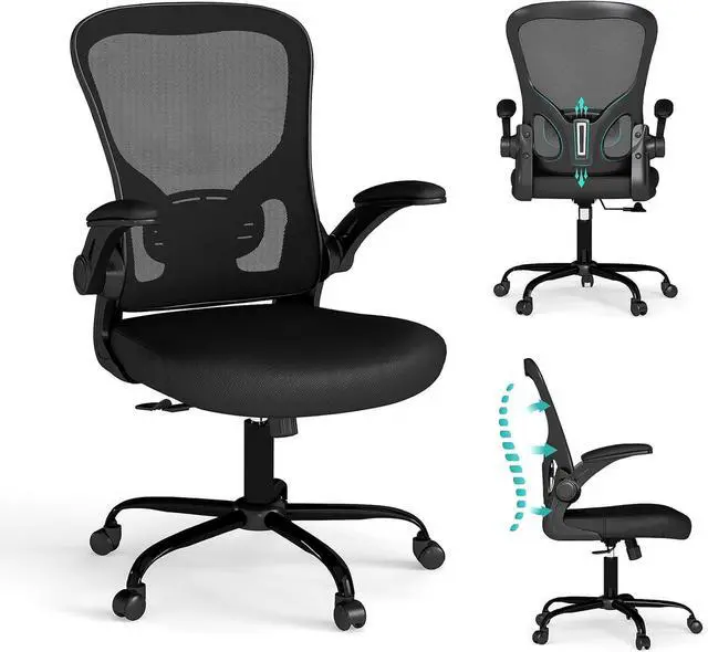 Main image of Flysky Mesh Office Chair, Ergonomic Computer Desk Chairs for Home Office - with Comfy/Comfortable Flip-up Arm Rests, Lumbar Support, Height Adjustable, 360 Degree Rolling Swivel (Black)