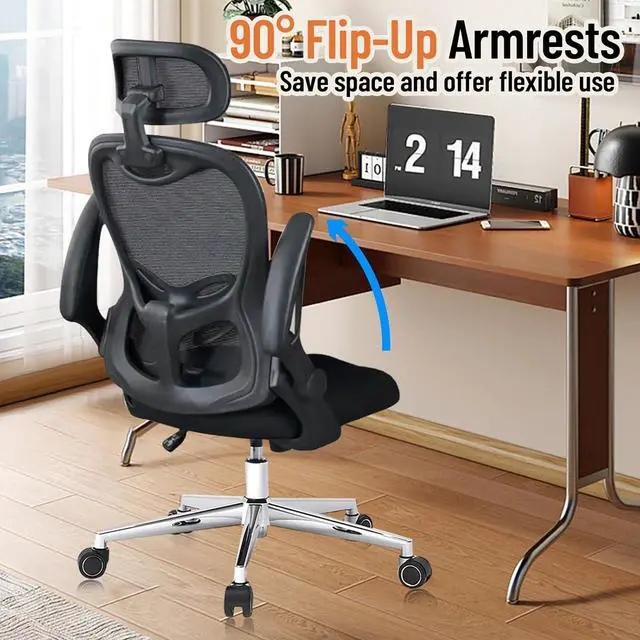 Alt view image 2 of 7 - Office Chair, Ergonomic Breathable Mesh,Flip-Up Arms and Adjustable High Back Lumbar Support,Comfy Computer Chair for Home Office (Black, 407)