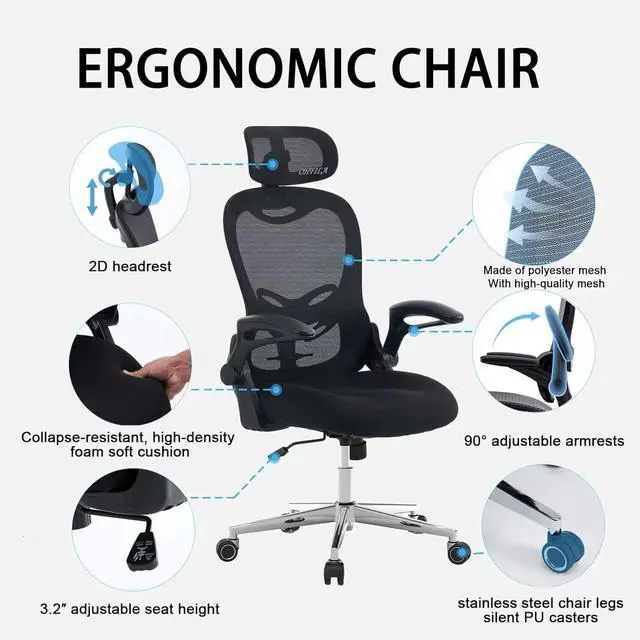Alt view image 5 of 7 - Office Chair, Ergonomic Breathable Mesh,Flip-Up Arms and Adjustable High Back Lumbar Support,Comfy Computer Chair for Home Office (Black, 407)