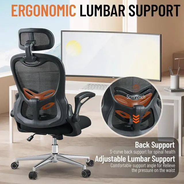 Alt view image 3 of 7 - Office Chair, Ergonomic Breathable Mesh,Flip-Up Arms and Adjustable High Back Lumbar Support,Comfy Computer Chair for Home Office (Black, 407)