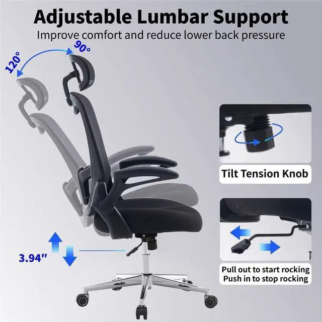Alt view image 7 of 7 - Office Chair, Ergonomic Breathable Mesh,Flip-Up Arms and Adjustable High Back Lumbar Support,Comfy Computer Chair for Home Office (Black, 407)