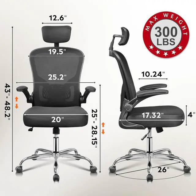 Alt view image 2 of 7 - DEVAISE Office Chair High Back Mesh Ergonomic Desk Chair with Flip-up Armrests, Adjustable Headrest and Lumbar Support, Black
