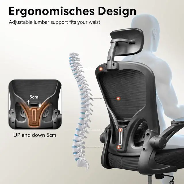 Alt view image 3 of 7 - DEVAISE Office Chair High Back Mesh Ergonomic Desk Chair with Flip-up Armrests, Adjustable Headrest and Lumbar Support, Black